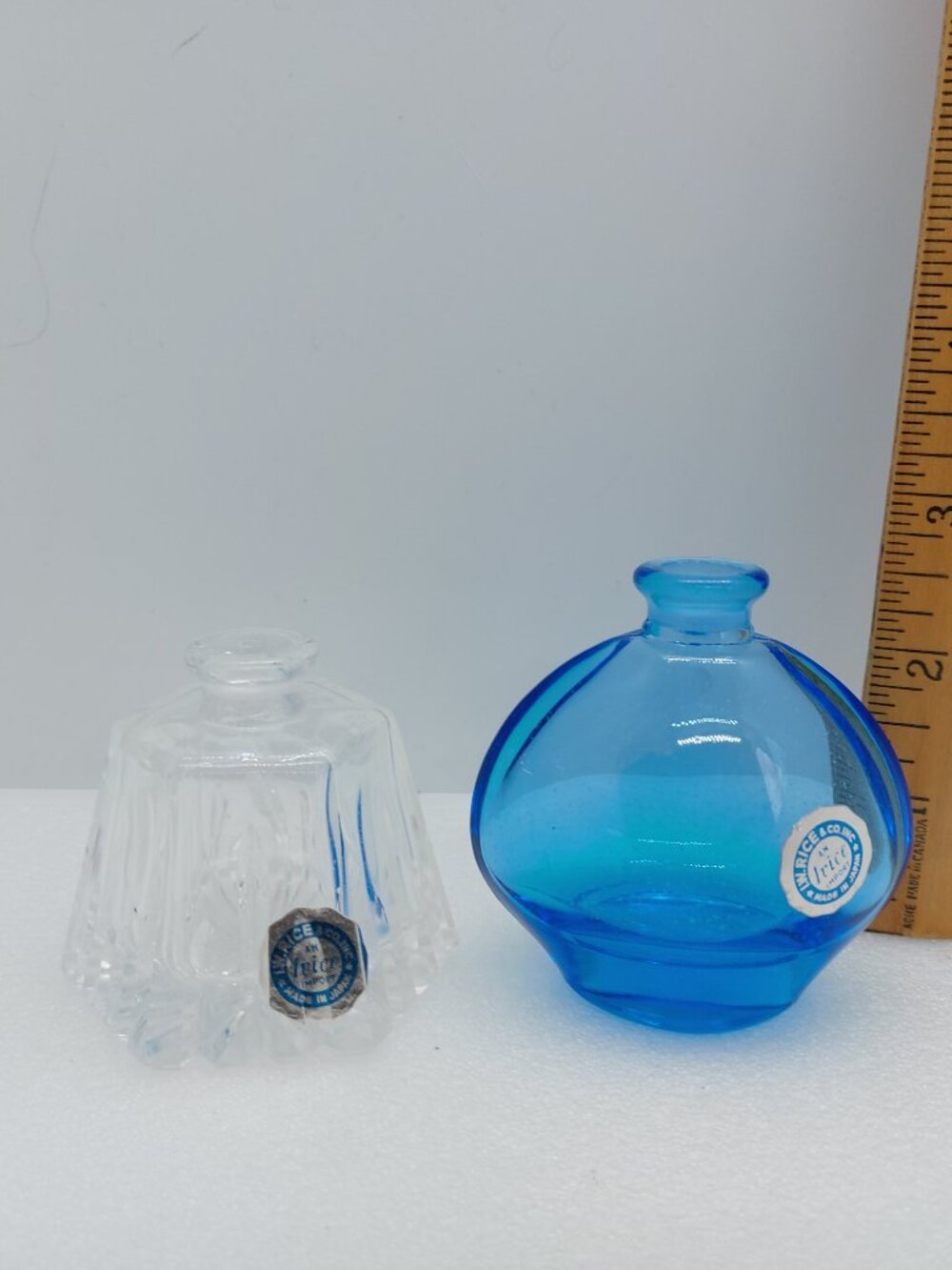 2 Vintage Blue & Clear Glass Perfume Bottles I.W. Rice & Co. Made In Japan